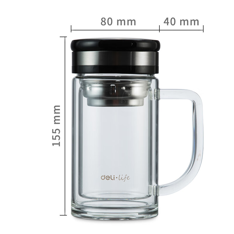 得力 8988/8989 玻璃杯 双层保温玻璃杯带茶隔滤网隔热不烫手 双层玻璃杯透明保温硅胶圈带茶隔茶杯(透明)